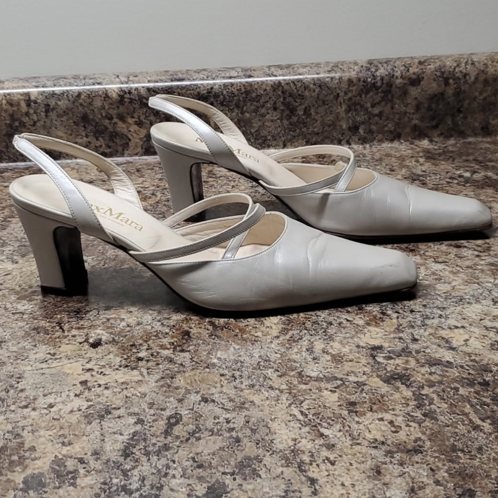 MaxMara Women's Light Gray Leather Slingback Strap Heels Size 39.5 EUR